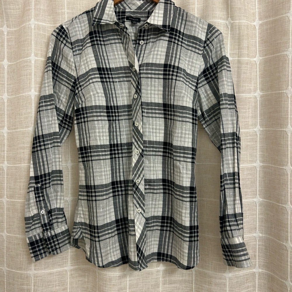 NWT Talbots Black and Gray Plaid Shirt XS